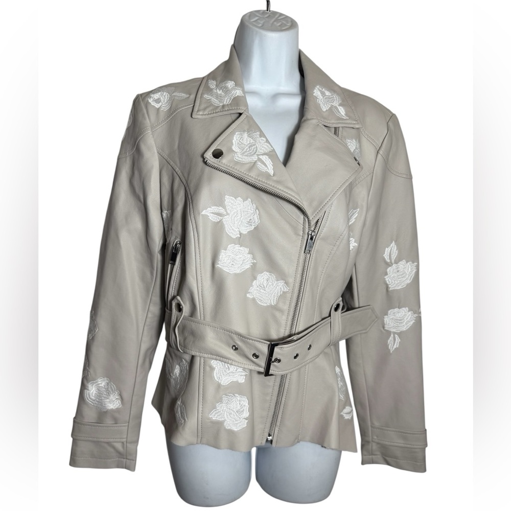 INC International Concepts Jacket Size Medium Beige Faux Floral Leather Jacket